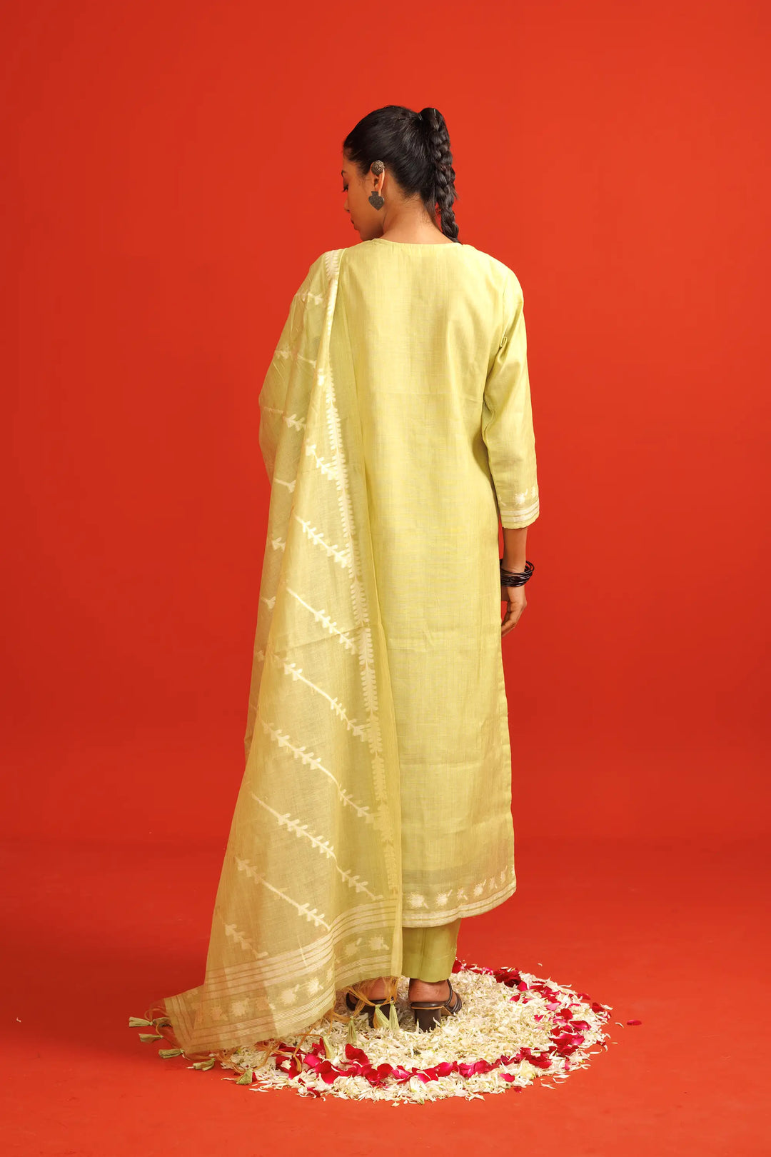 Mustard-green Salwar Kameez | Crafted with chanderi and hand work stripe printed