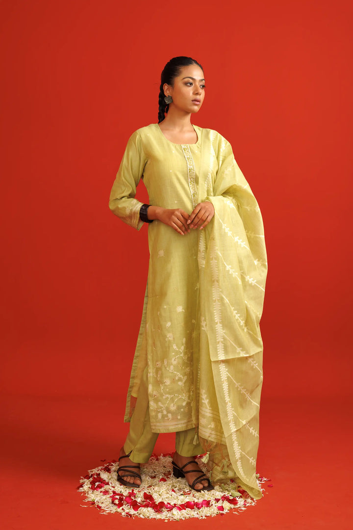 Mustard-green Salwar Kameez | Crafted with chanderi and hand work stripe printed