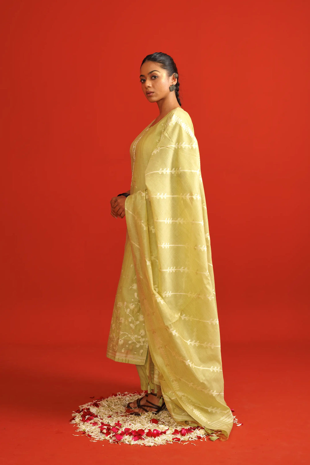 Mustard-green Salwar Kameez | Crafted with chanderi and hand work stripe printed