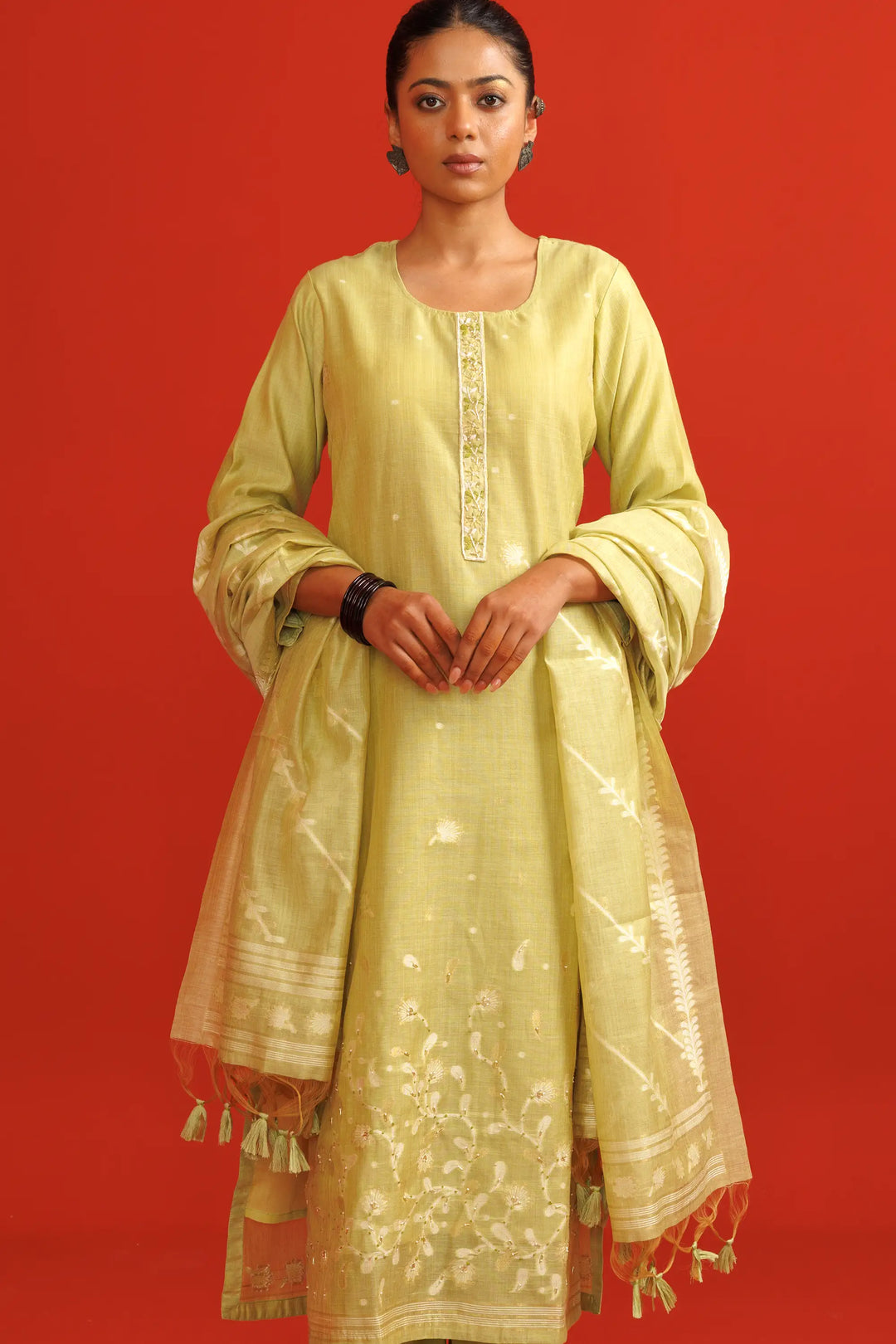 Mustard-green Salwar Kameez | Crafted with chanderi and hand work stripe printed