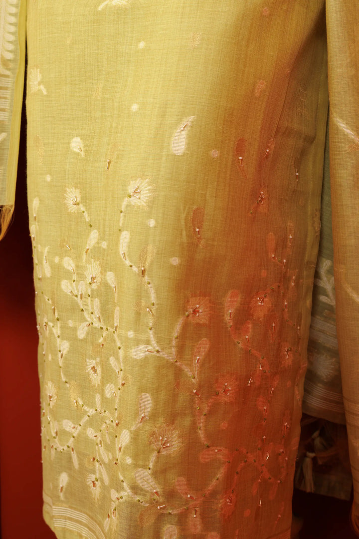 Mustard-green Salwar Kameez | Crafted with chanderi and hand work stripe printed