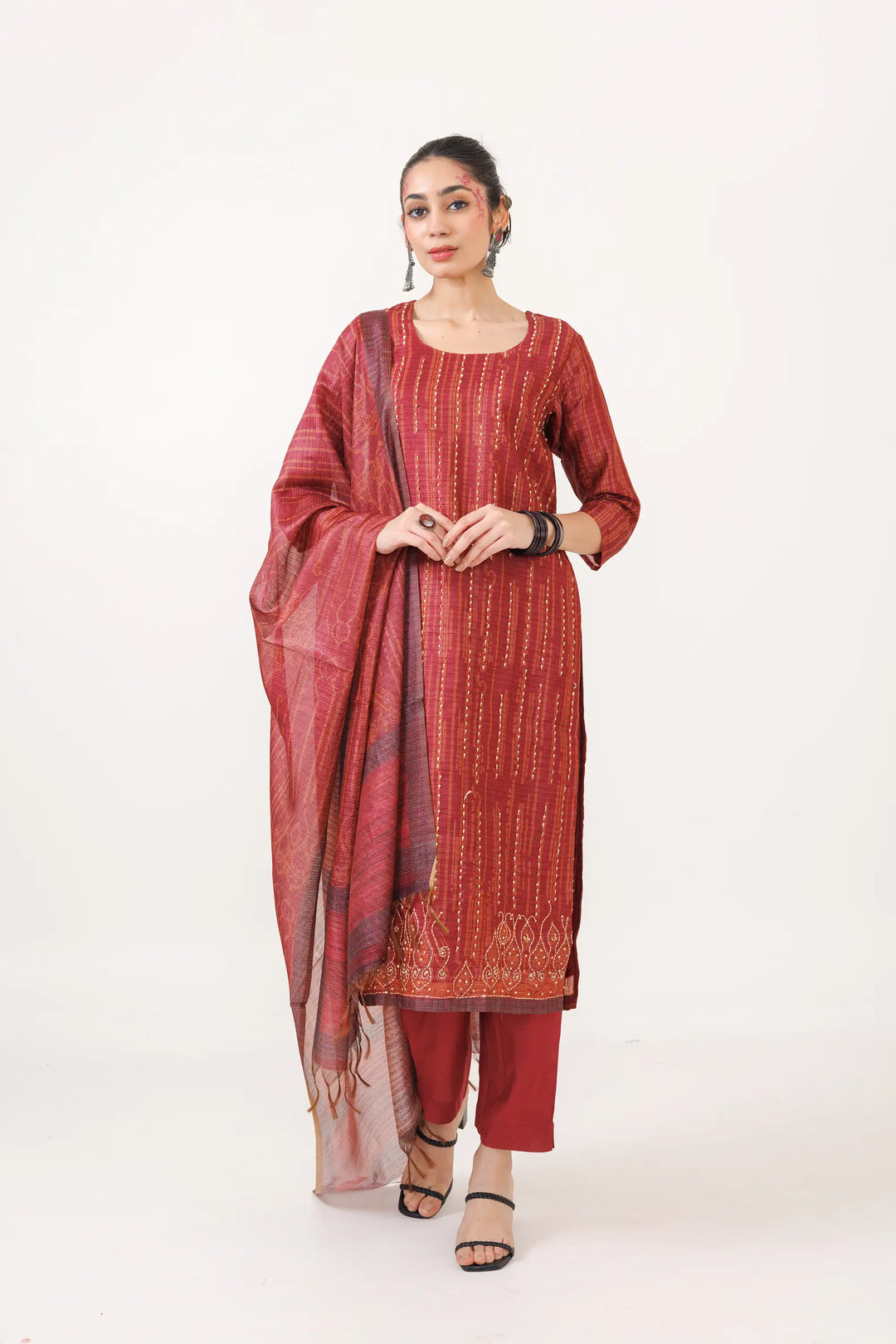 Kurtis Set bright-red | A Blend of chanderi and digital printed hand work for St