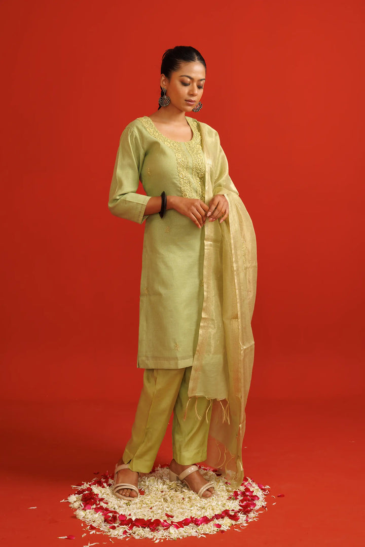 Kurtis Set in green | Perfect hand work motifs with chanderi-silk