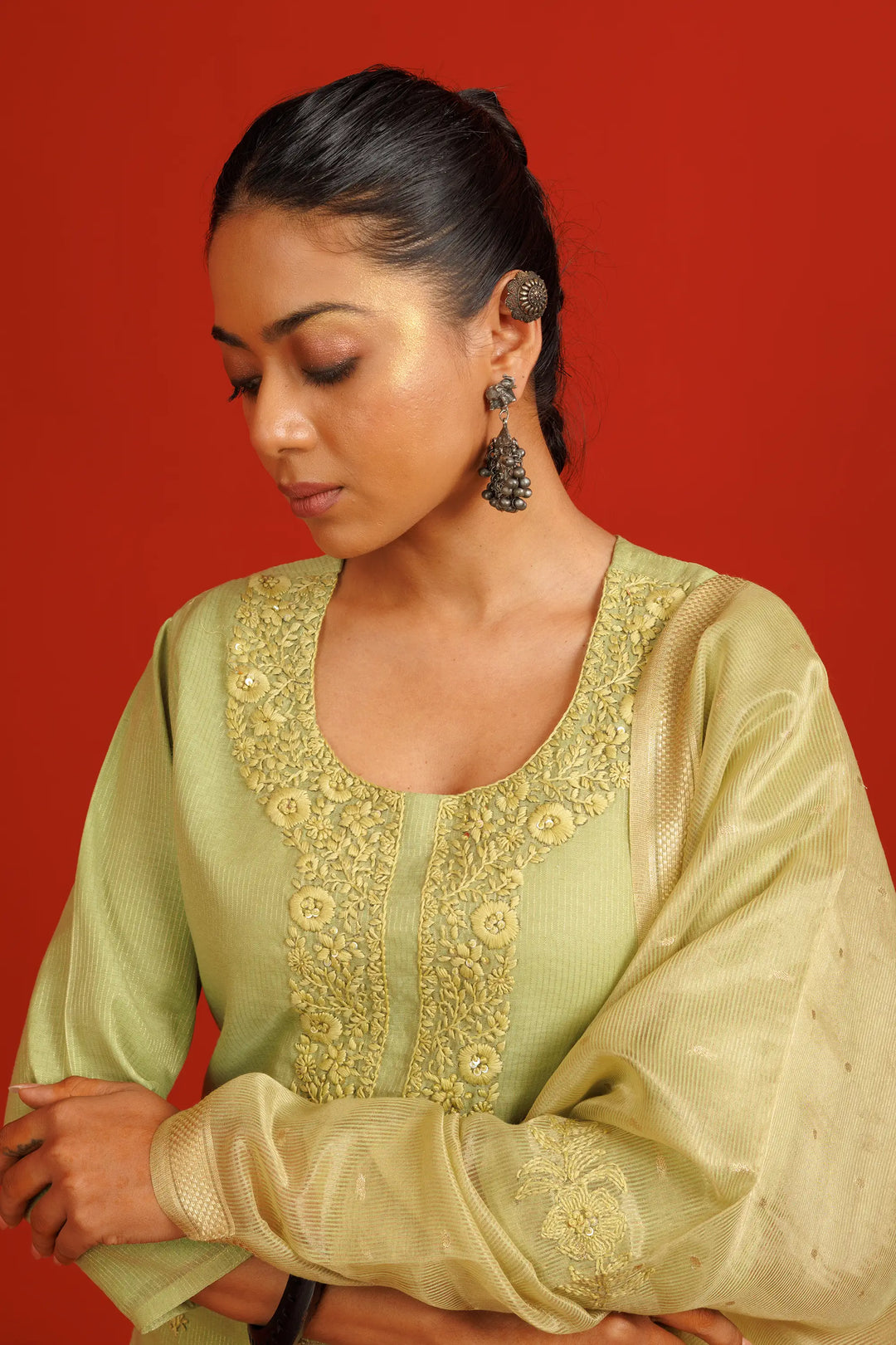 Kurtis Set in green | Perfect hand work motifs with chanderi-silk