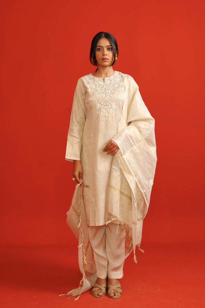 Elegant Kurtis Set | hand work soft-silk linen tissue-silk in cream