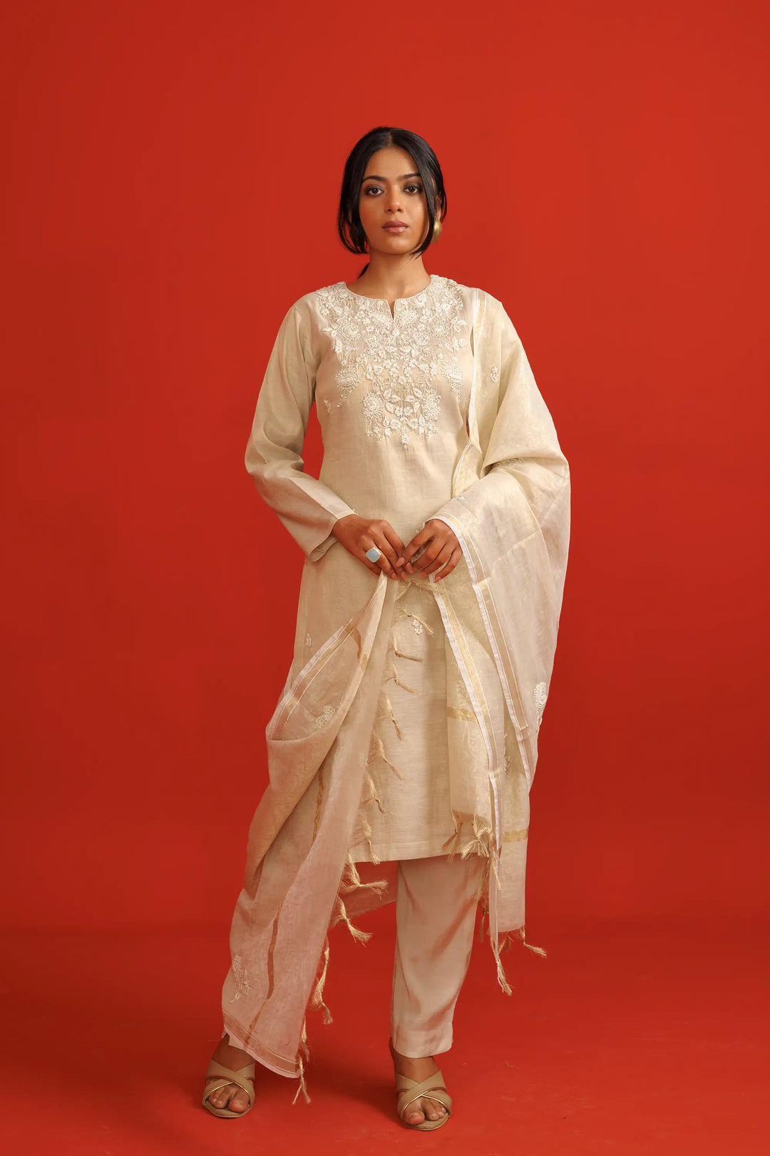 Elegant Kurtis Set | hand work soft-silk linen tissue-silk in cream