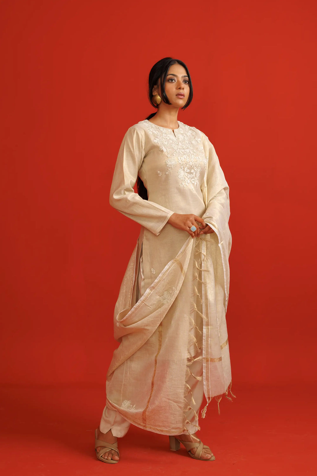 Elegant Kurtis Set | hand work soft-silk linen tissue-silk in cream