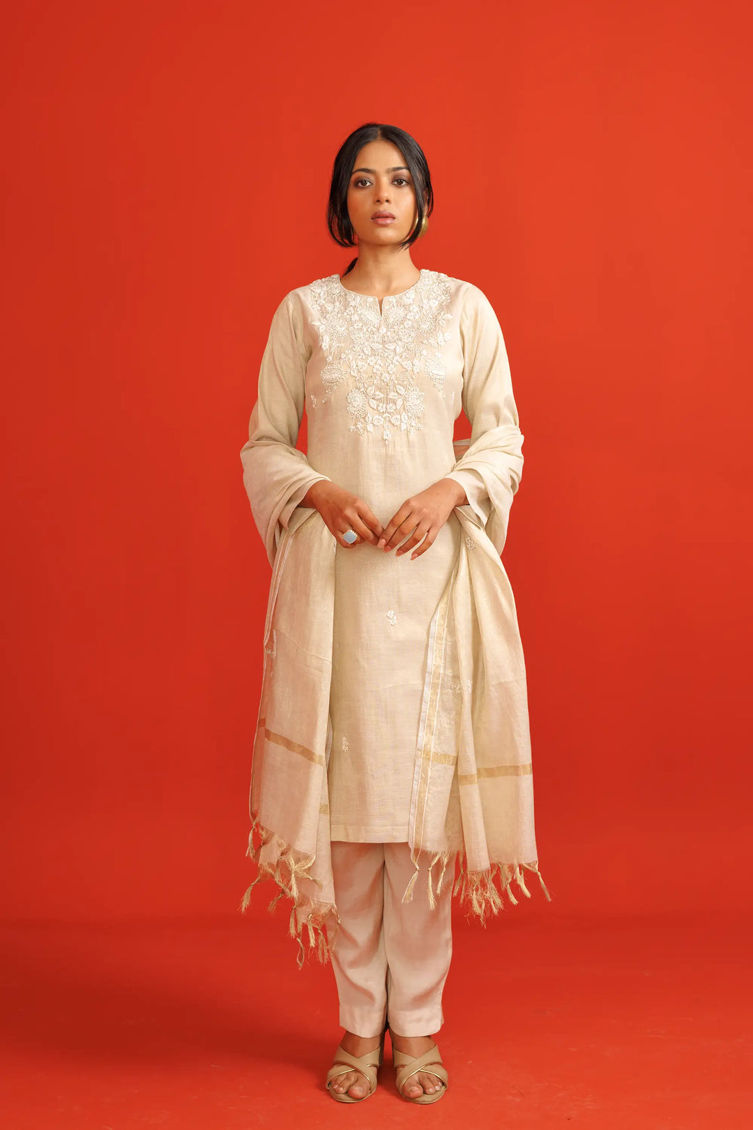 Elegant Kurtis Set | hand work soft-silk linen tissue-silk in cream