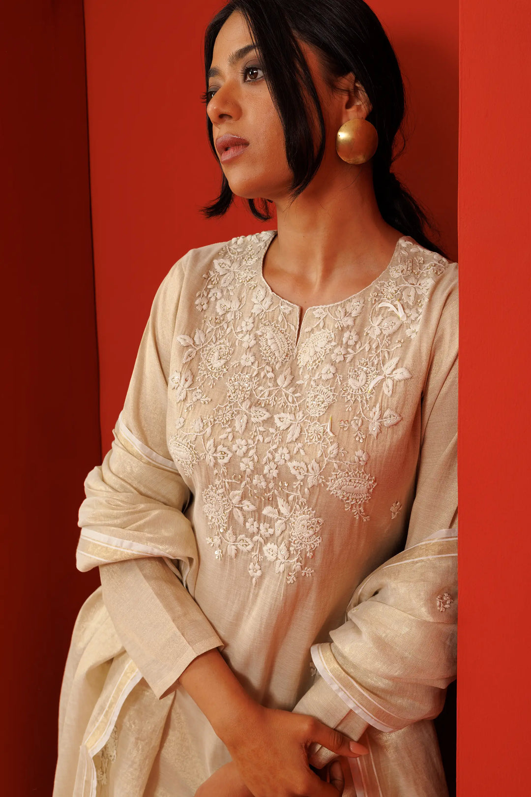 Elegant Kurtis Set | hand work soft-silk linen tissue-silk in cream