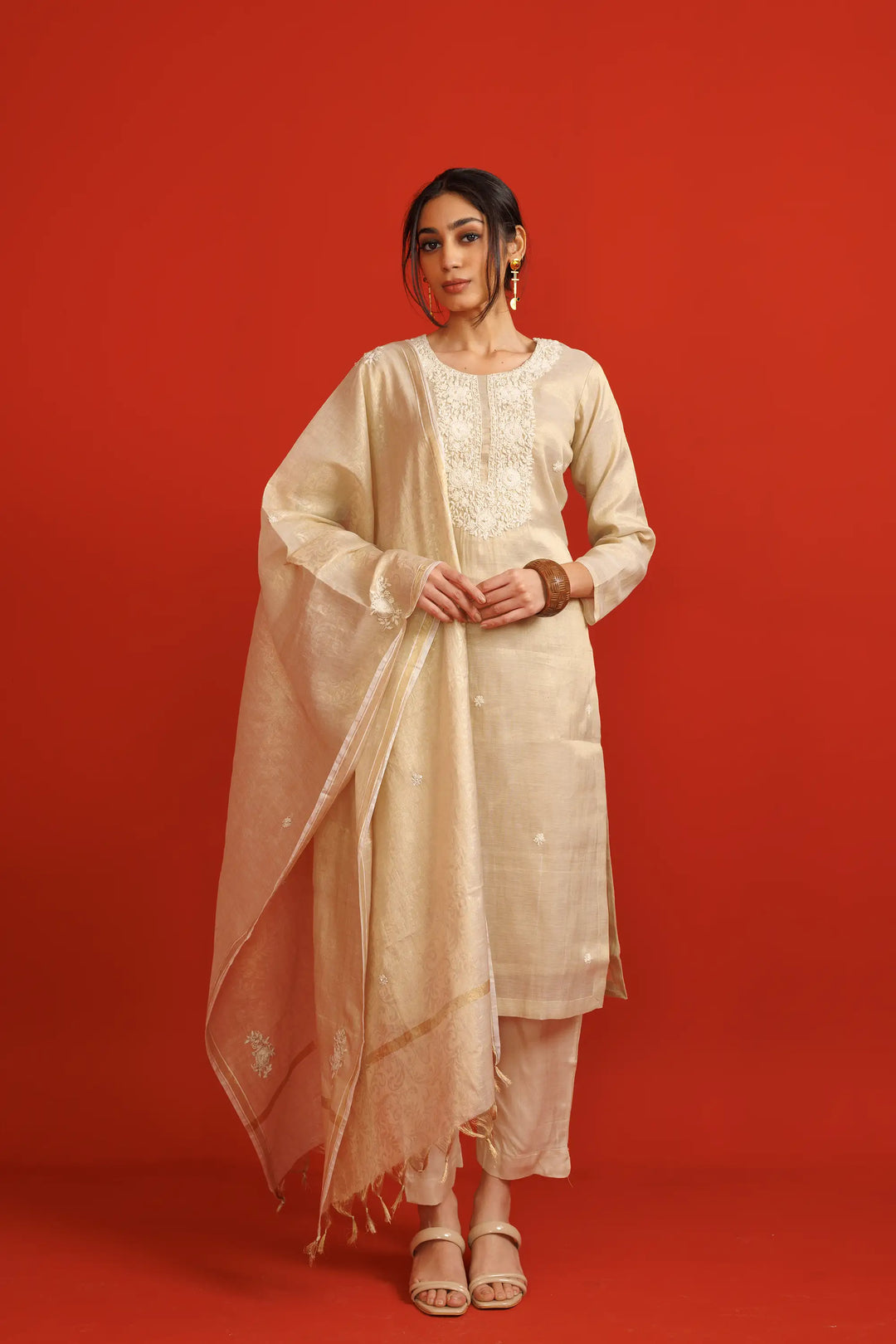 Elegant Kurtis Set | hand work soft-silk linen tissue-silk in cream