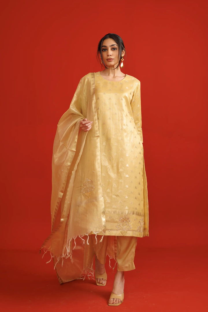 Salwar Kameez beige | A Blend of banarasi-silk and jacquard weaving designer for