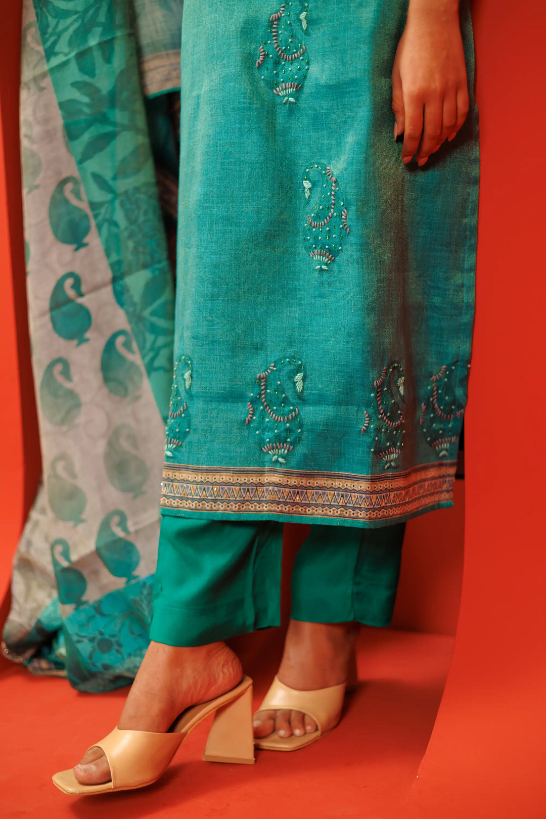 Teal Kurtis Set | Beautiful linen tissue-silk digital printed embroidery hand wo