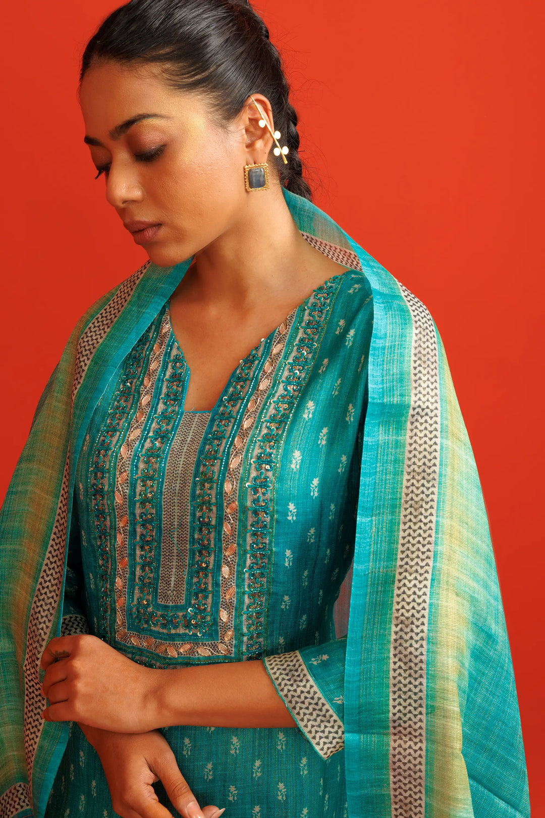 Teal Kurtis Set | Beautiful linen tissue-silk digital printed embroidery hand wo