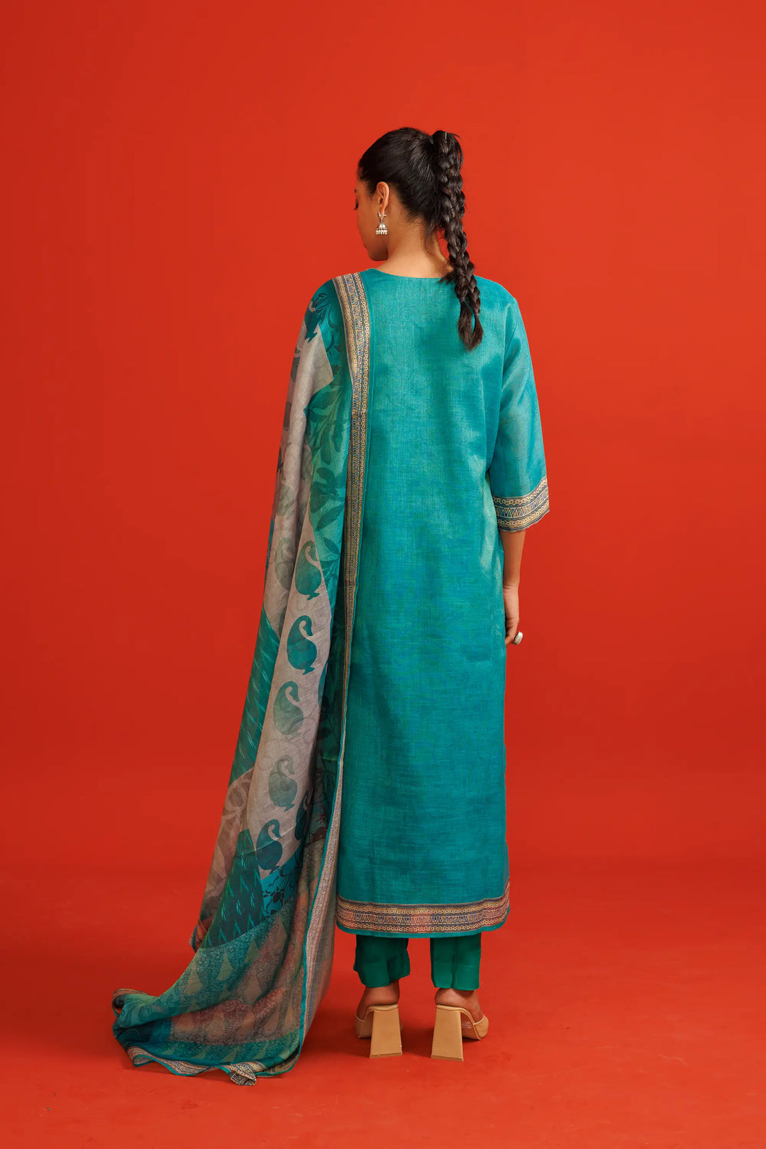 Teal Kurtis Set | Beautiful linen tissue-silk digital printed embroidery hand wo