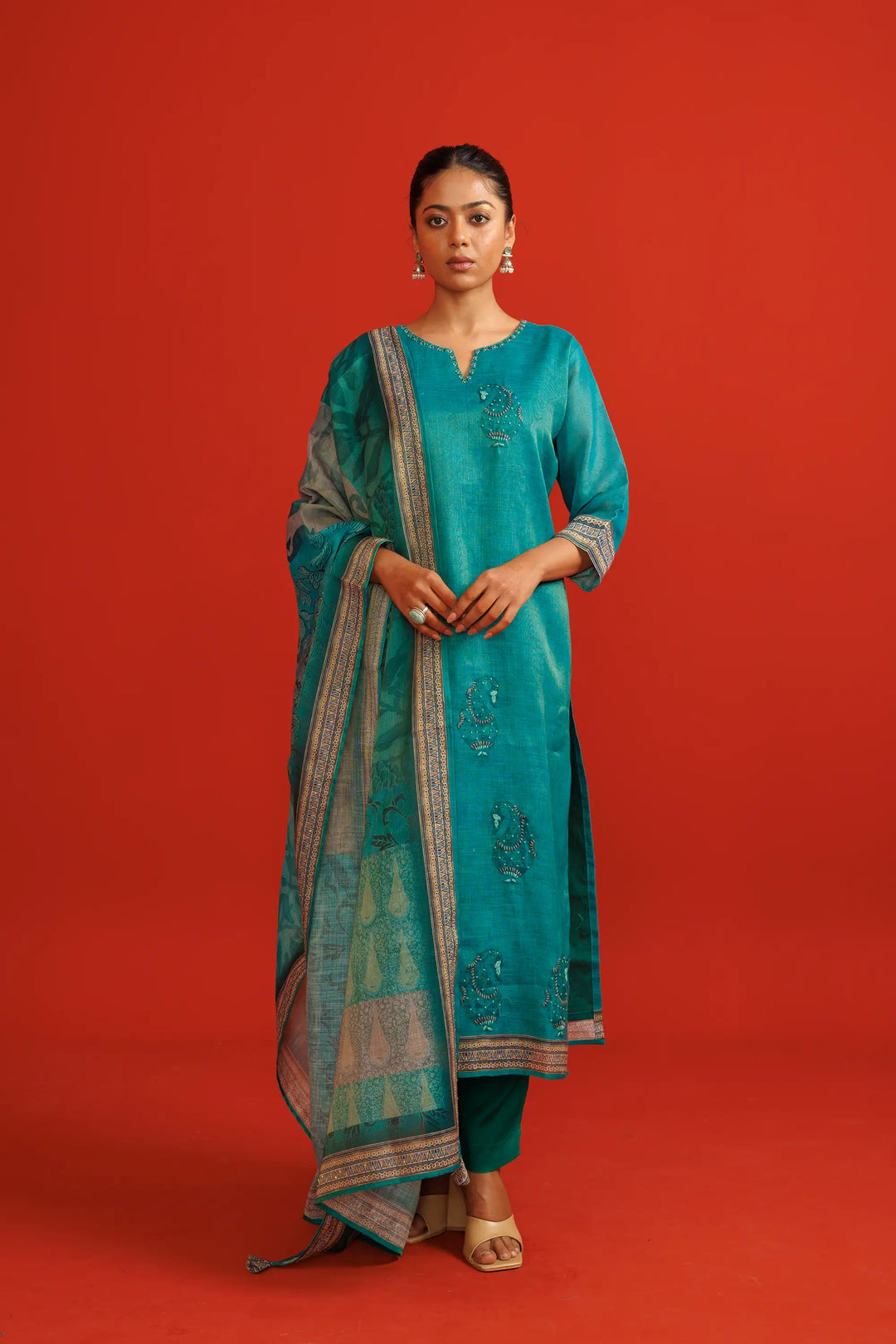 Teal Kurtis Set | Beautiful linen tissue-silk digital printed embroidery hand wo