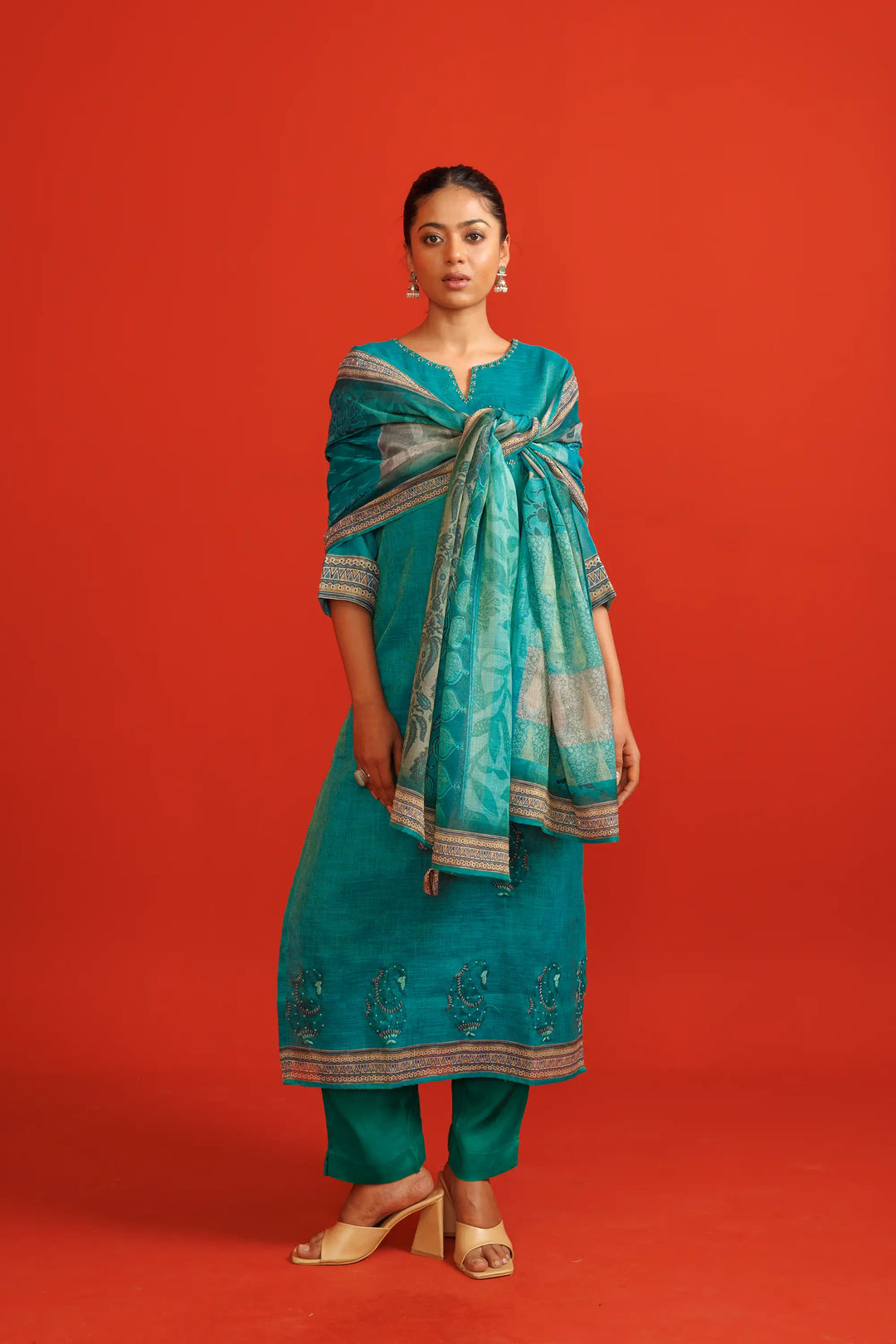 Teal Kurtis Set | Beautiful linen tissue-silk digital printed embroidery hand wo