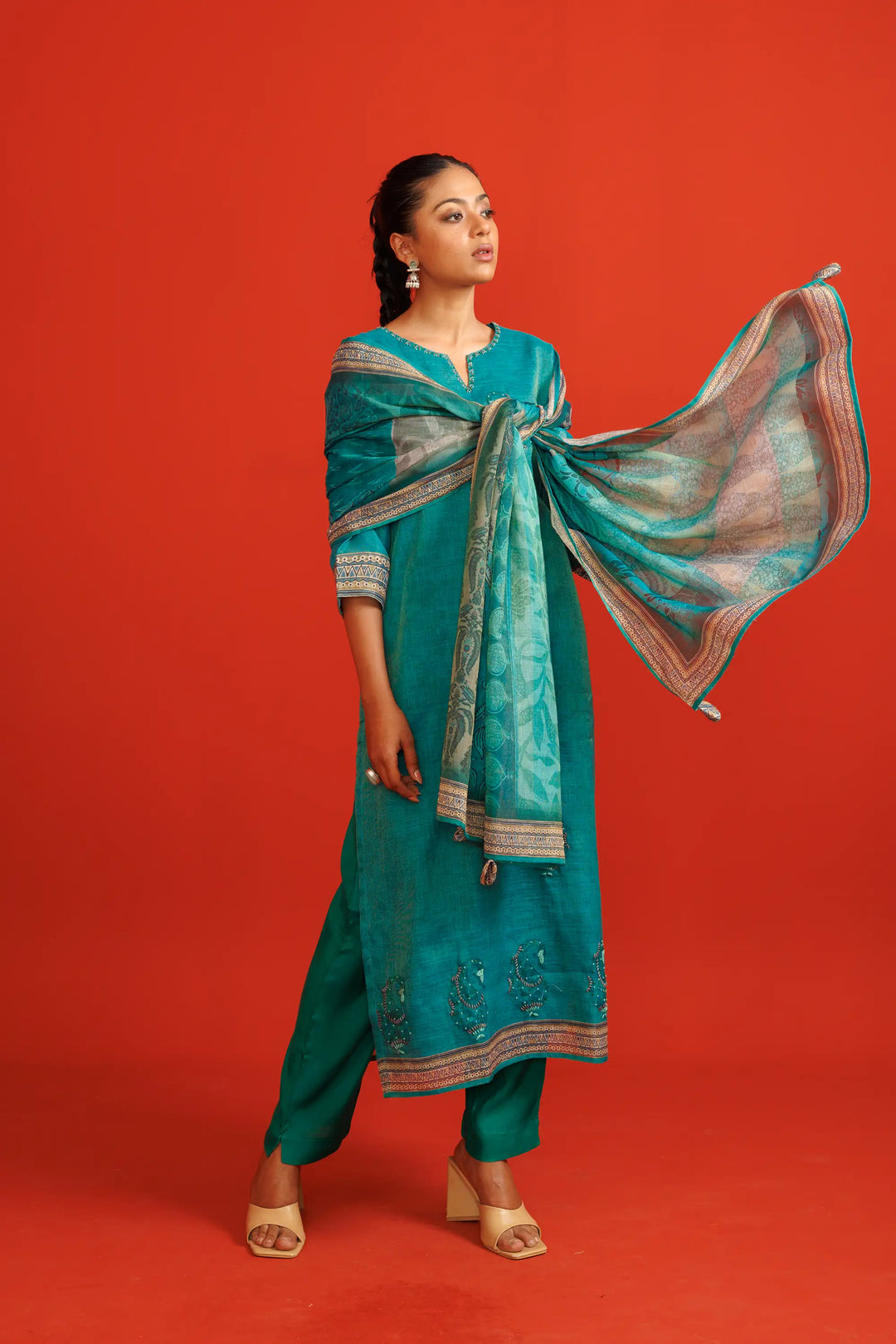 Teal Kurtis Set | Beautiful linen tissue-silk digital printed embroidery hand wo