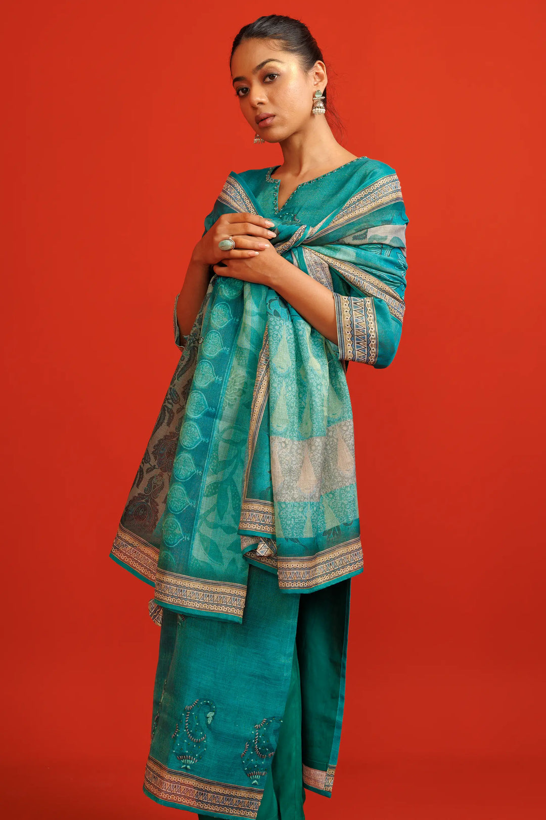 Teal Kurtis Set | Beautiful linen tissue-silk digital printed embroidery hand wo