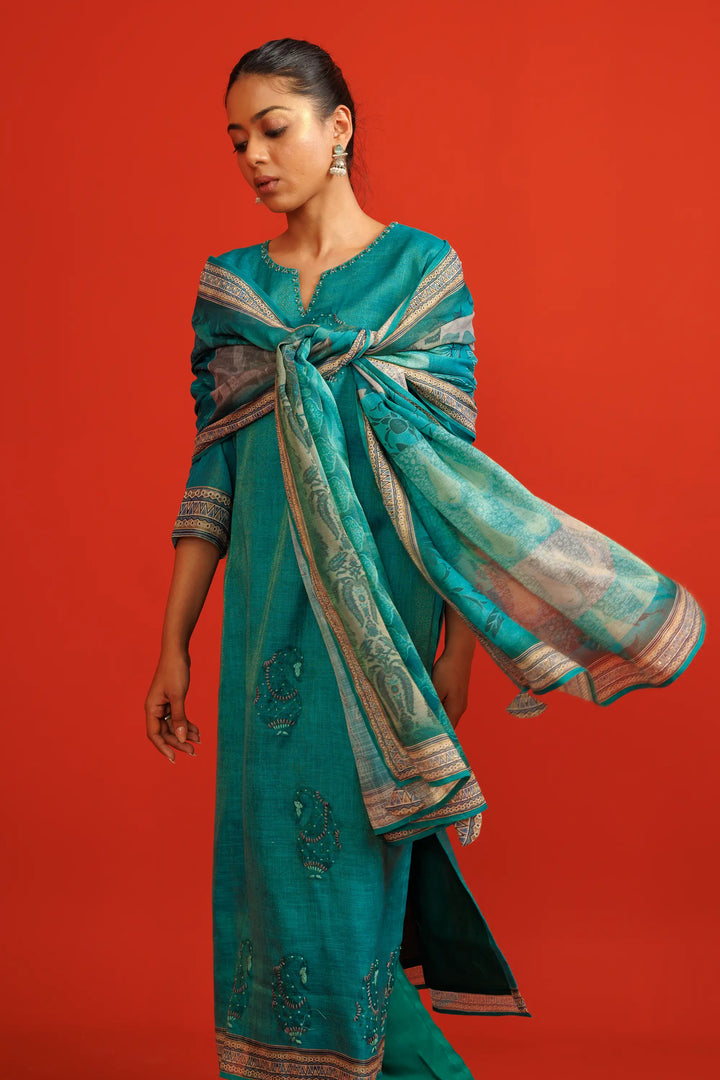 Teal Kurtis Set | Beautiful linen tissue-silk digital printed embroidery hand wo