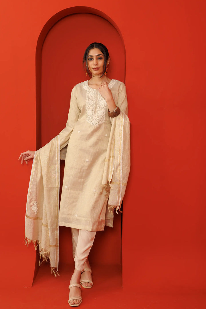 Kurtis Set cream | A Blend of linen and khat work embroidery work for Style