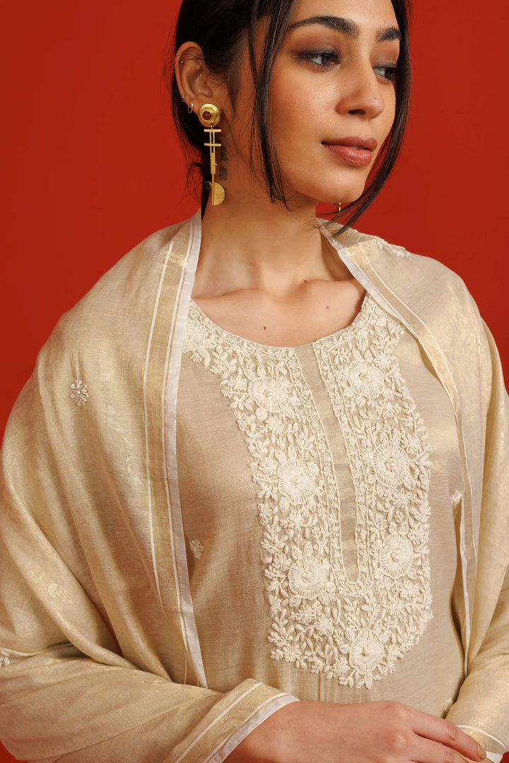 Kurtis Set cream | A Blend of linen and khat work embroidery work for Style