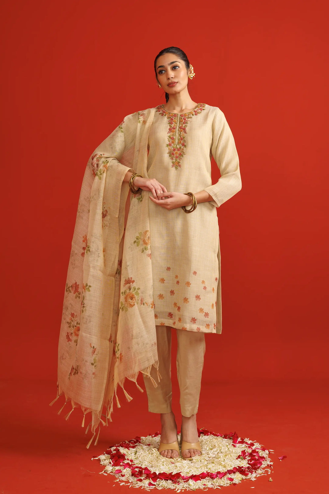 Kurtis Set in beige | Perfect thread embroidery work digital printed with linen