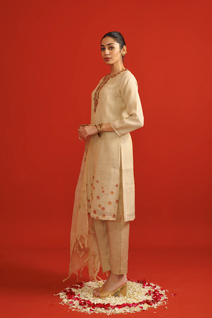 Kurtis Set in beige | Perfect thread embroidery work digital printed with linen