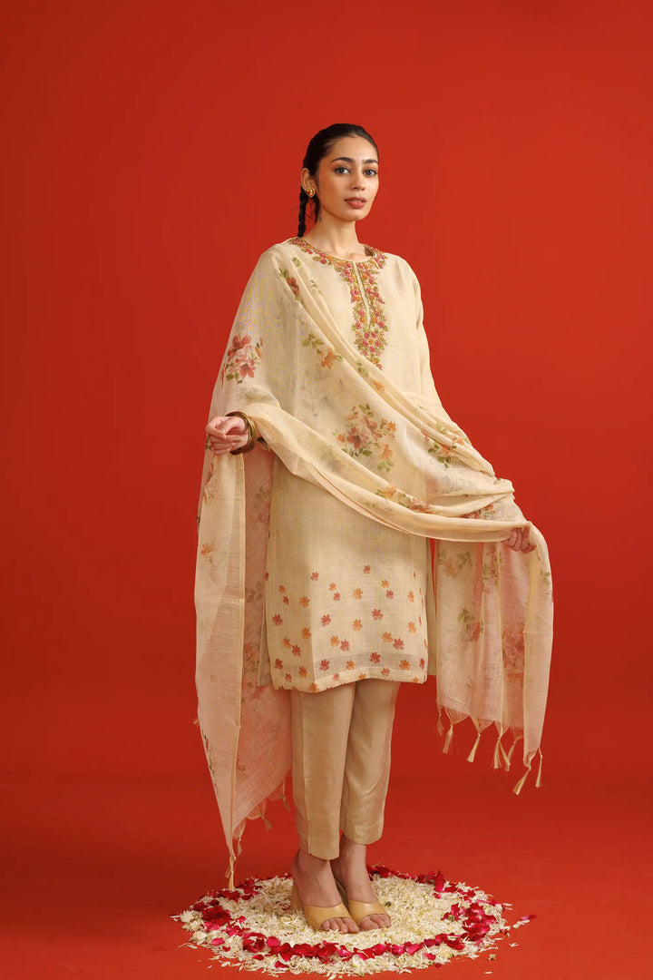 Kurtis Set in beige | Perfect thread embroidery work digital printed with linen