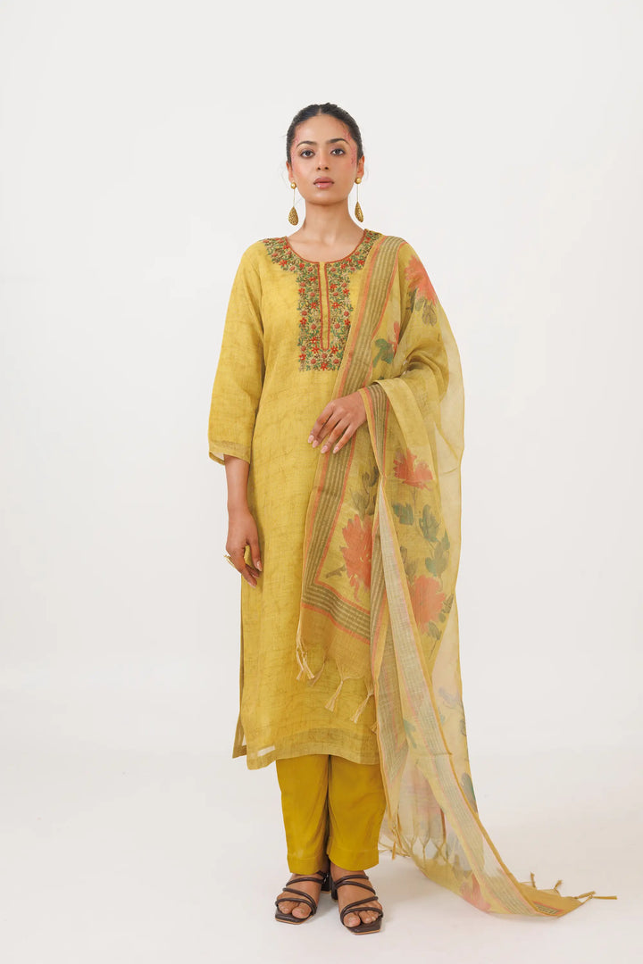 Elegant Kurtis Set | digital printed linen tissue-silk in mustard