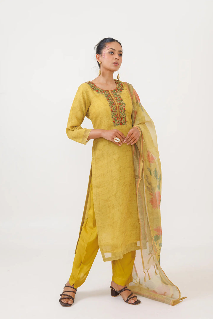 Elegant Kurtis Set | digital printed linen tissue-silk in mustard