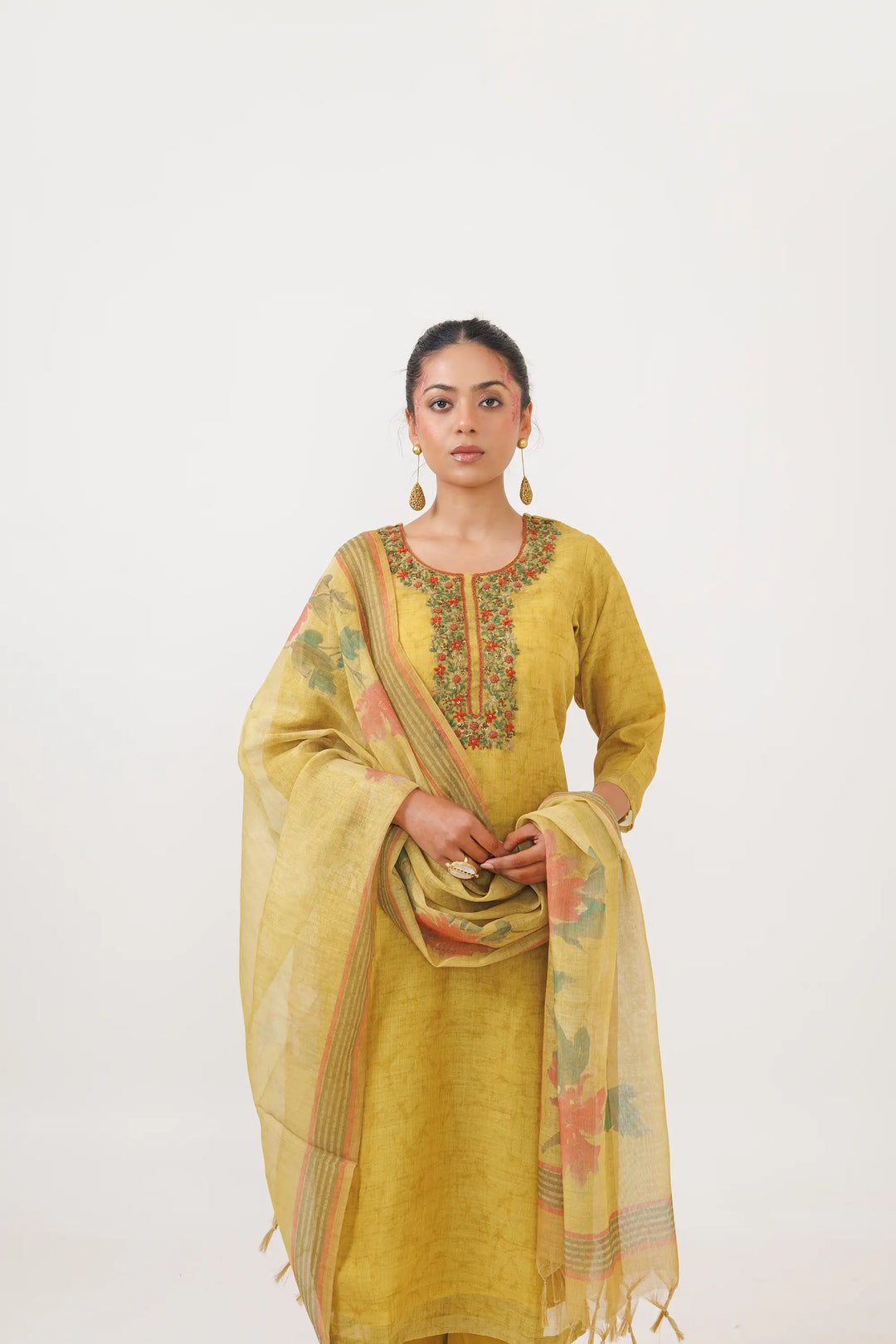 Elegant Kurtis Set | digital printed linen tissue-silk in mustard