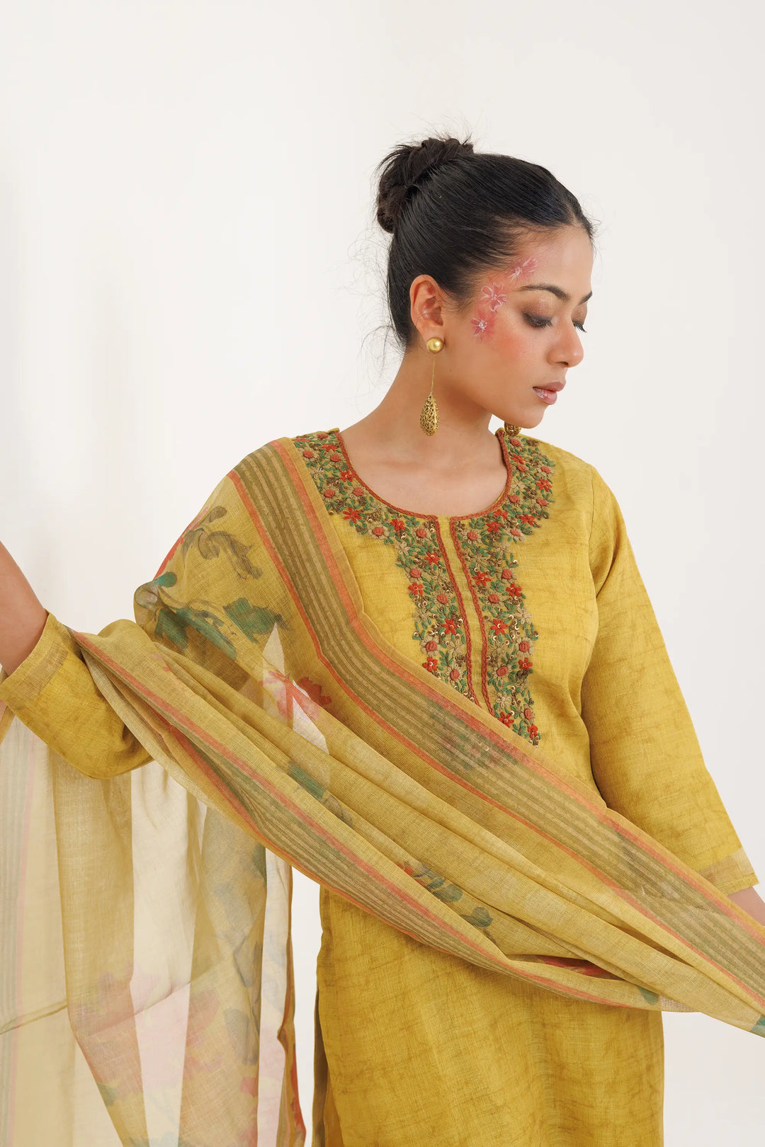 Elegant Kurtis Set | digital printed linen tissue-silk in mustard