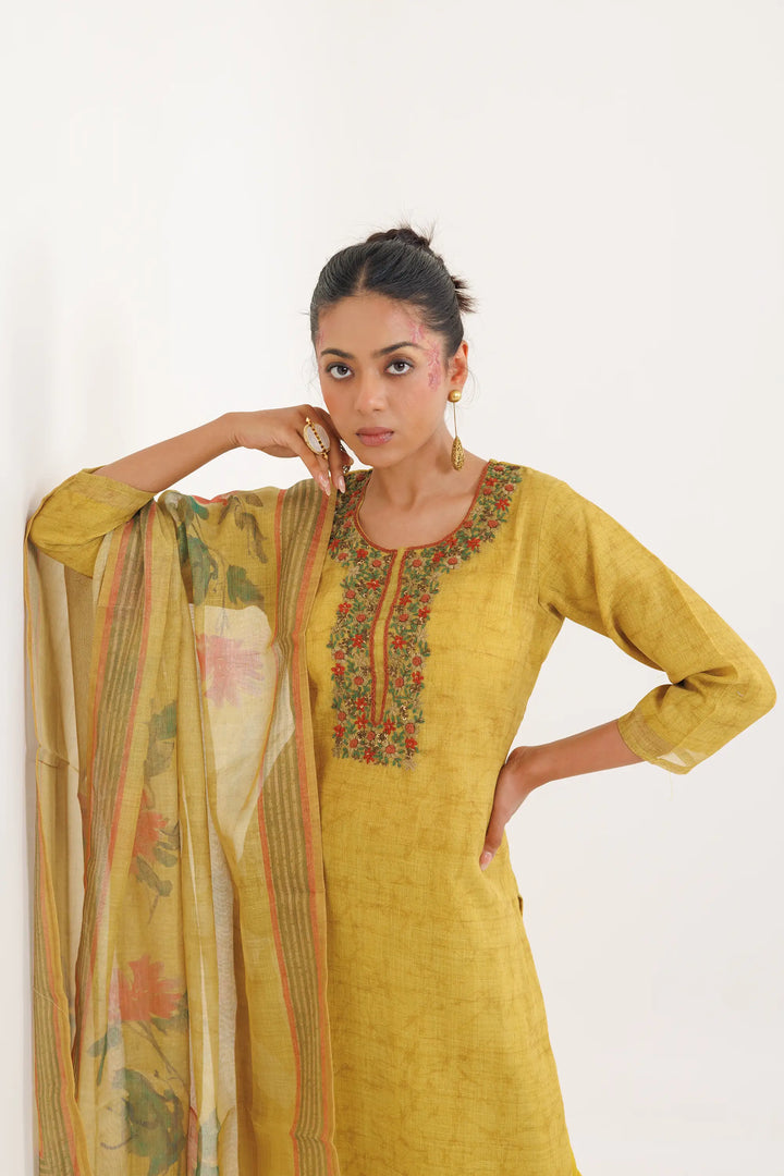 Elegant Kurtis Set | digital printed linen tissue-silk in mustard