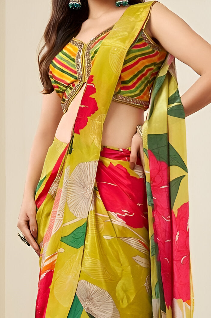 Gorgeous buttercup yellow draped saree in chinon fabric, showcasing unique hand-painted floral artwork for style.