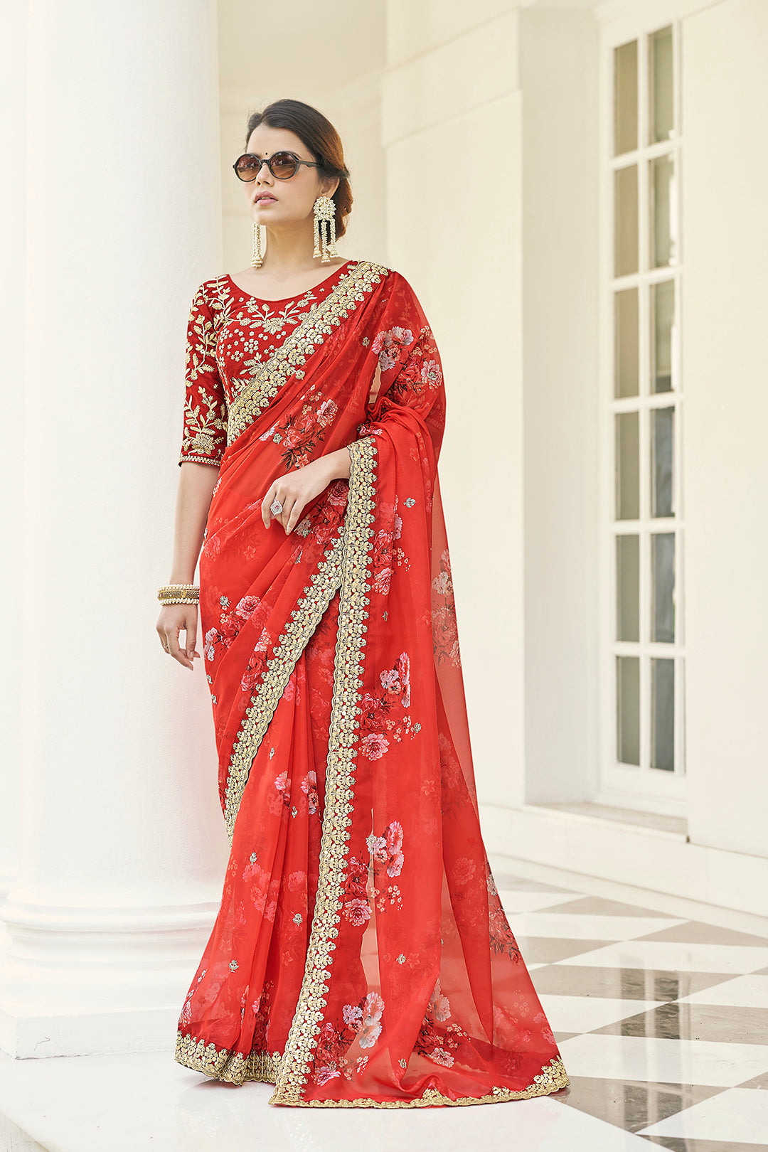 Floral Printed Red Embroidered Organza Saree | With Blouse Included