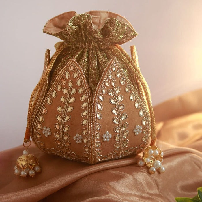 Sindh Kundan Handwork Mini Lotus Potli | Exclusive Silk Accessory