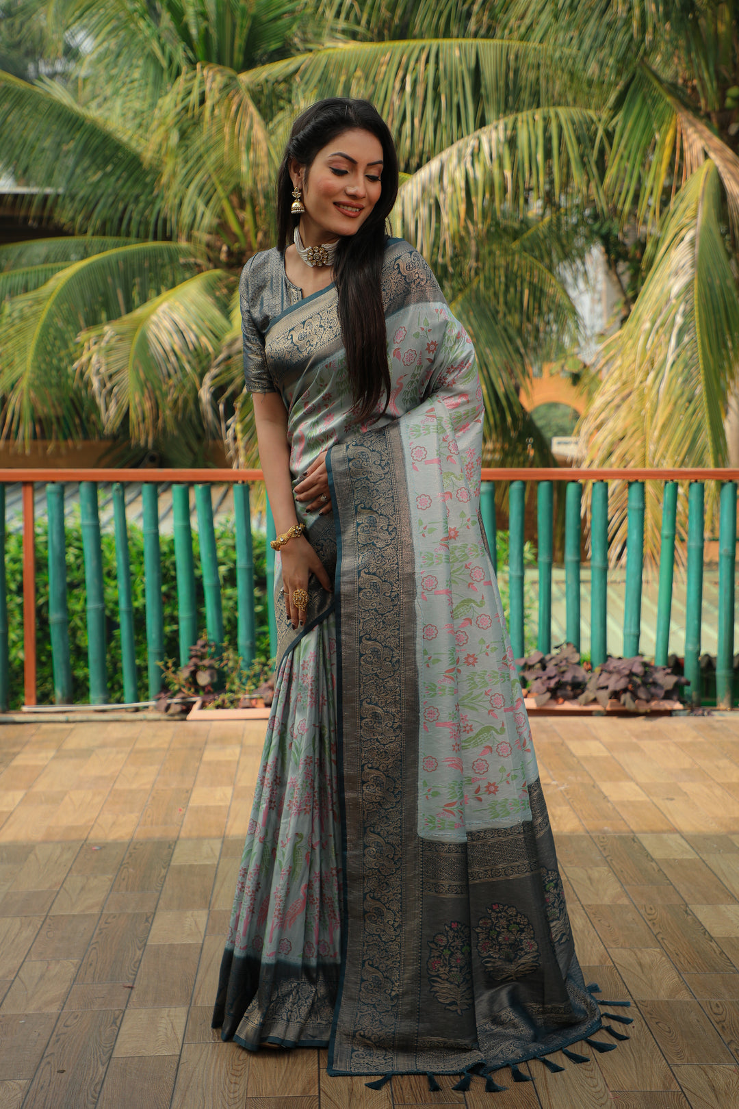 Exquisite sky-blue Kanjivaram soft silk saree with intricate design and a heavy blouse, ideal for traditional events.