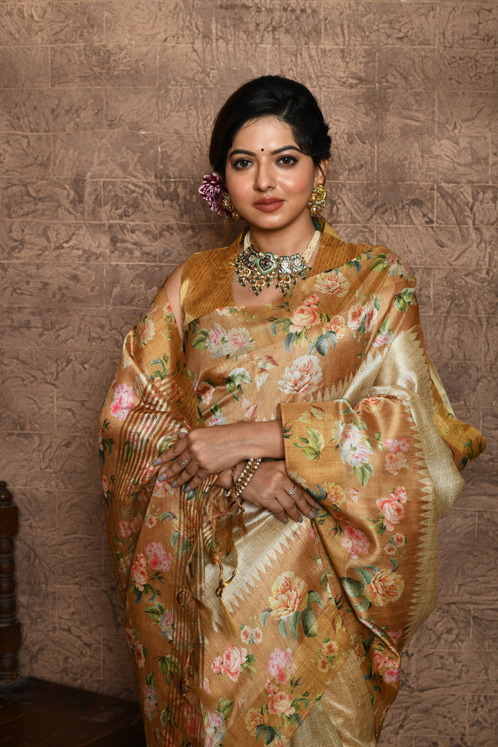 Traditional Tussar silk saree with all-over print and floral contrast pallu