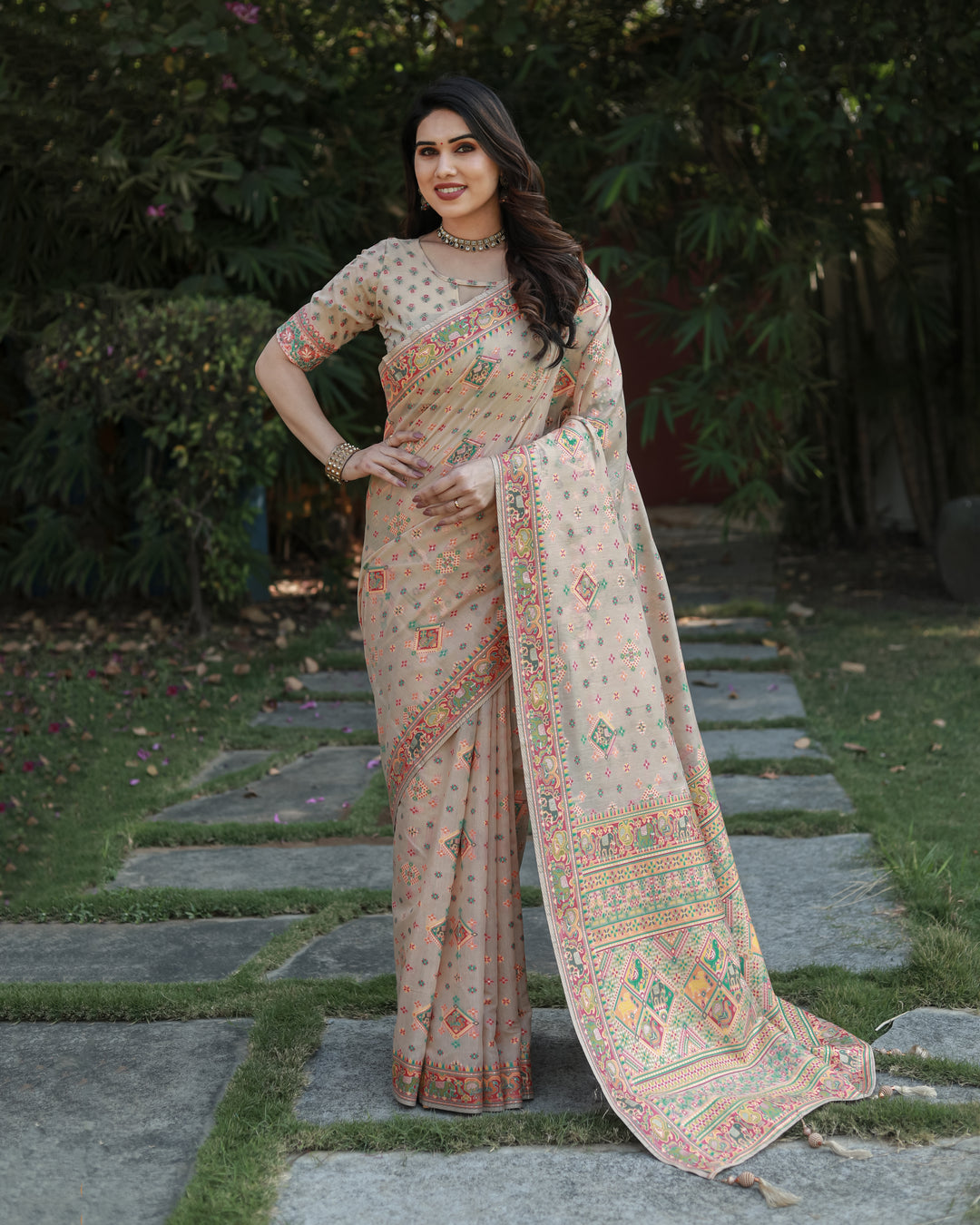 Stunning Beige Pashmina Cotton Saree with grand woven Pallu, perfect for elegant celebrations.