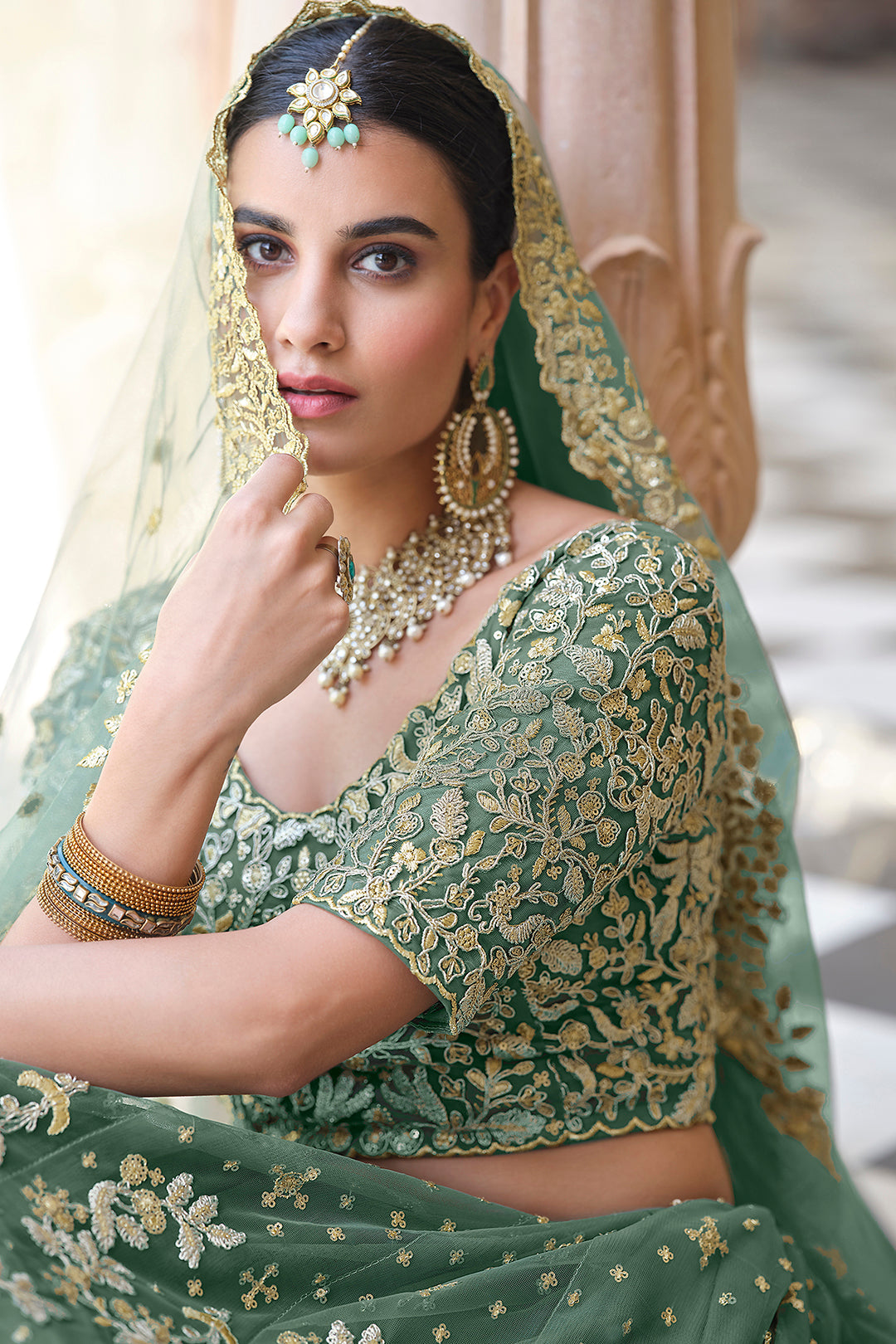 Stylish Dusty Green Lehenga | Soft Net Semi-Stitched Wedding Lehenga