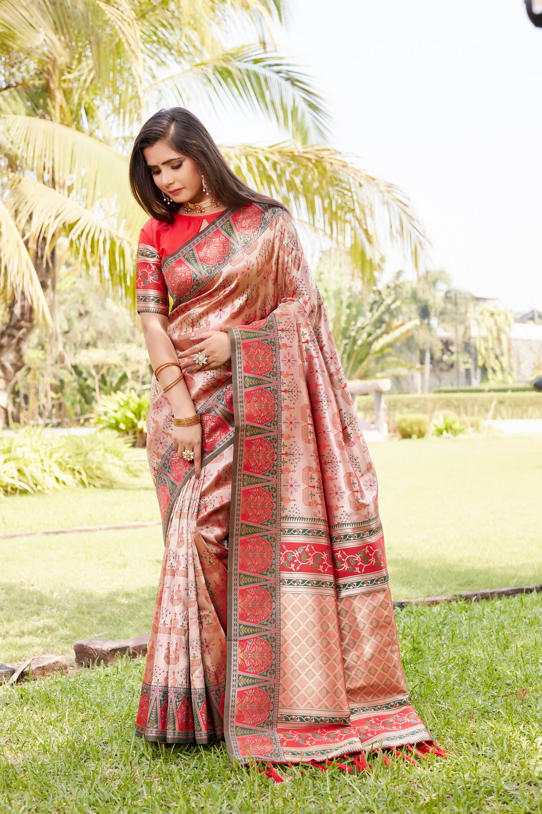 Rich red Kanjivaram silk saree with intricate zari work and a stunning woven pallu, perfect for weddings and celebrations.