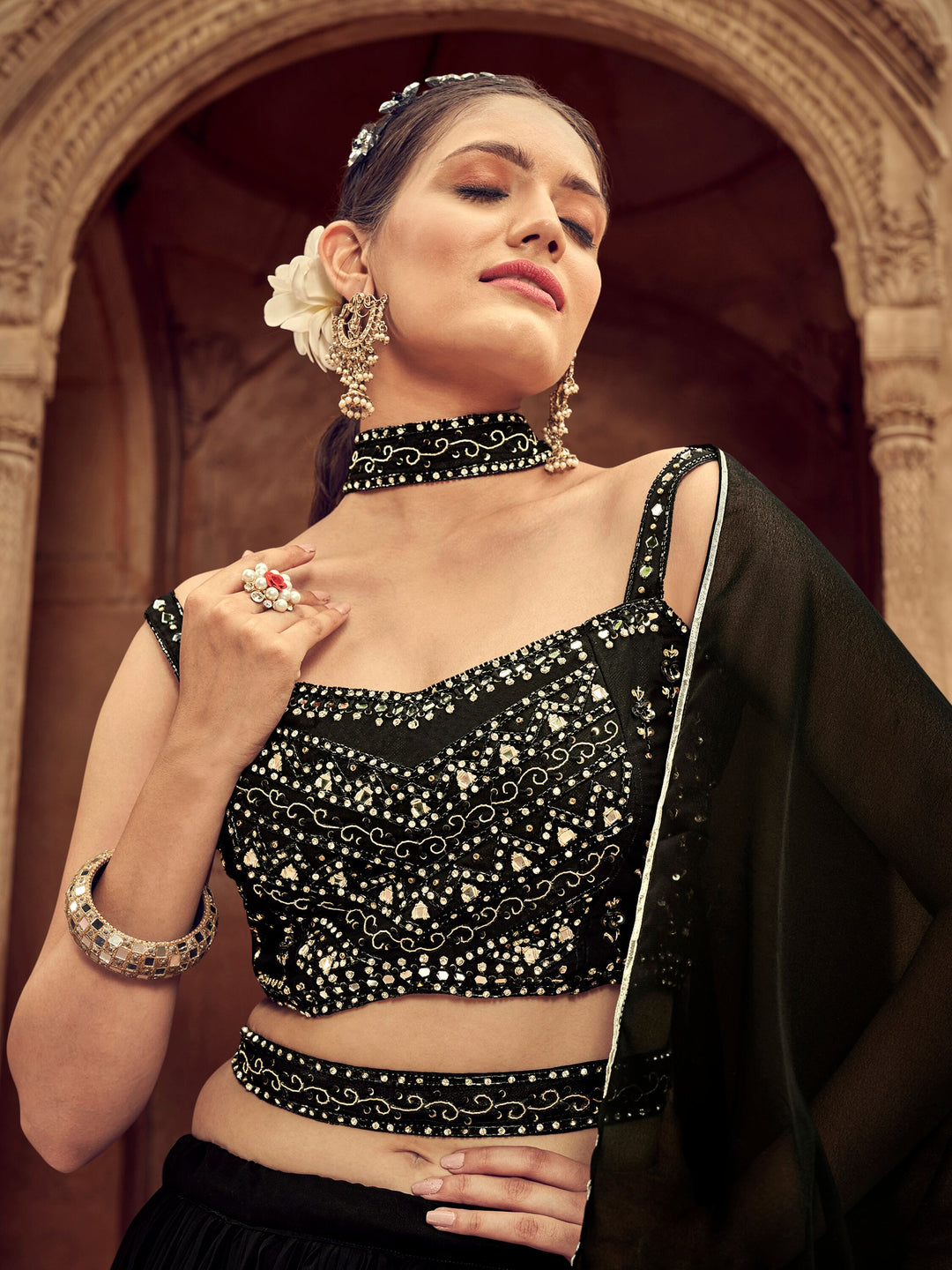 Beautiful Black Embroidered Georgette Reception Wear Lehenga Choli