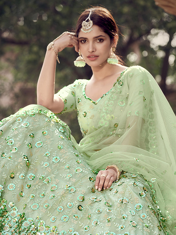 Pista Green Lehenga Choli Set | Sequins Soft Net Bridal Wear