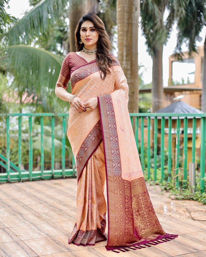 Peach Pure Kanjivaram Saree with Leheriya design and beautiful heavy border, perfect for festive wear.