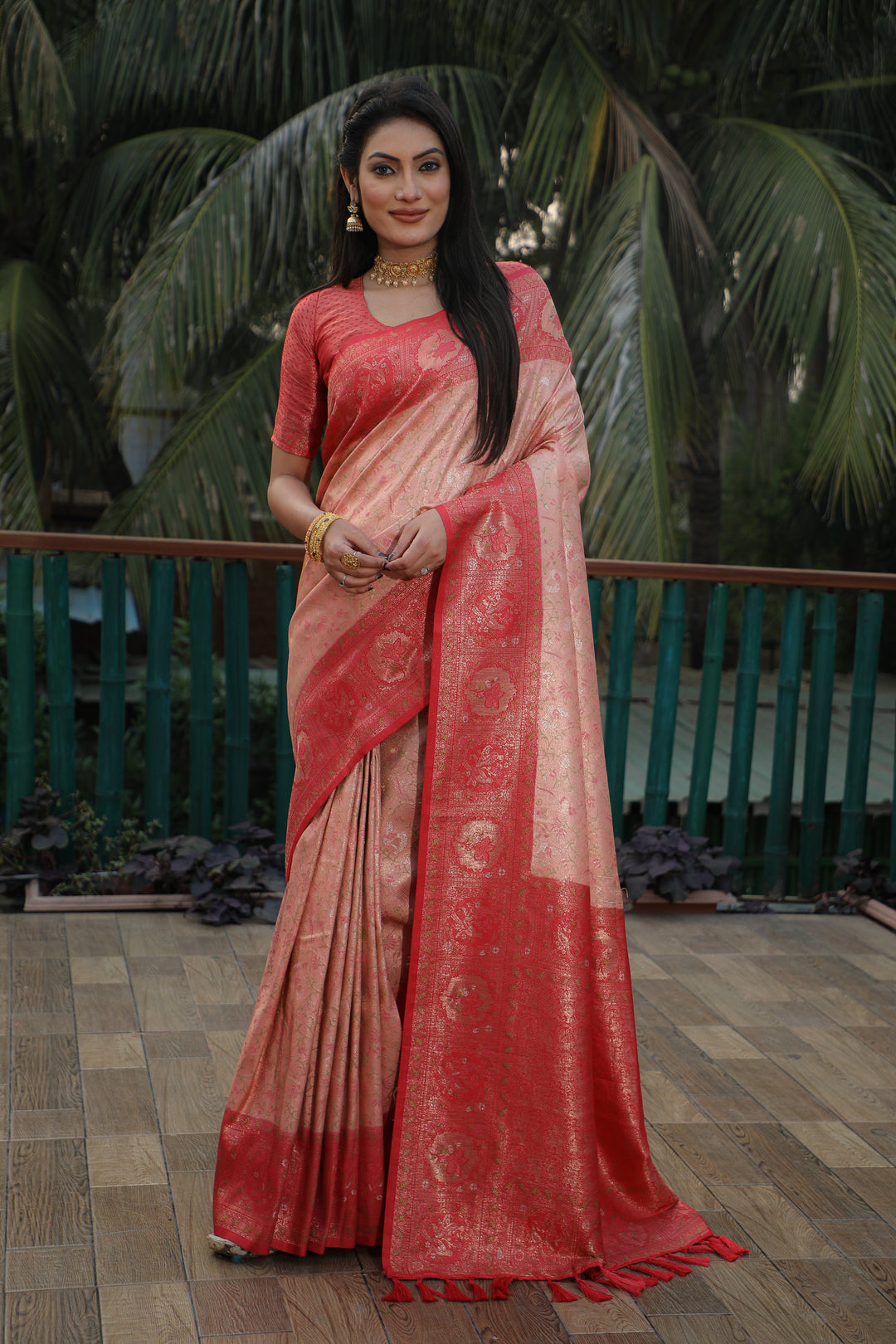 Timeless peach Kanjivaram saree featuring intricate designs and a rich woven border, perfect for cultural events.