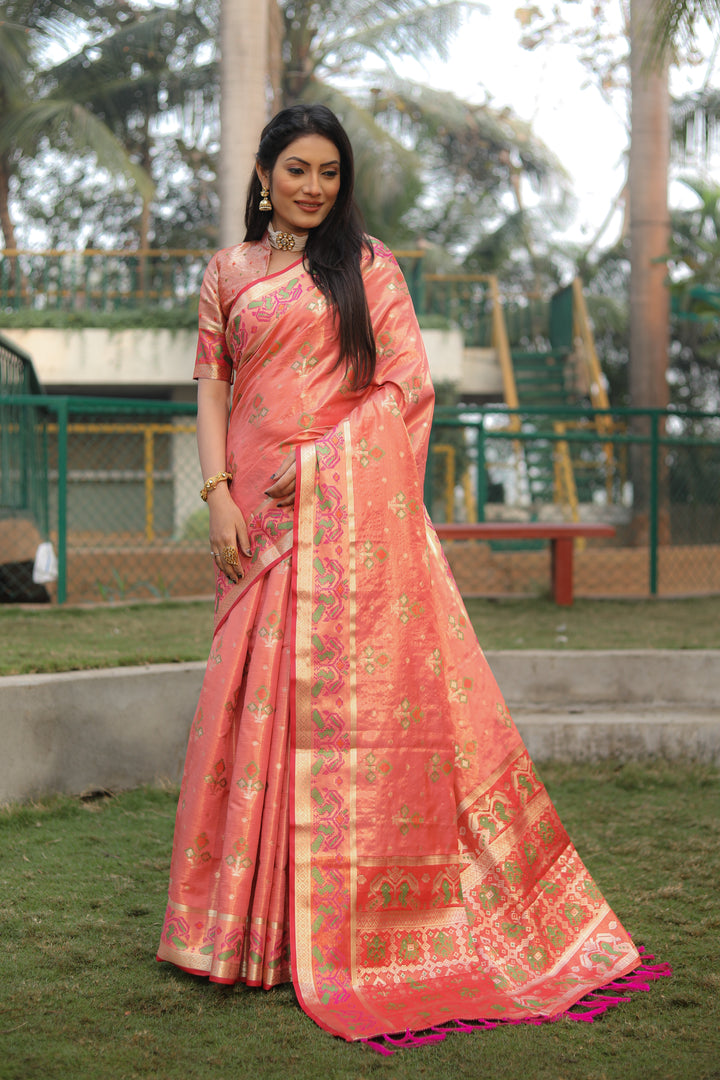 Graceful peach organza saree with intricate Ikkat Patola design, perfect for festive events.