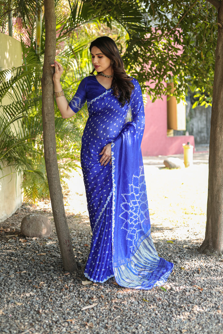 Traditional Blue Bandhej Silk Saree with gorgeous Zari weaving and Pallu for upscale events.