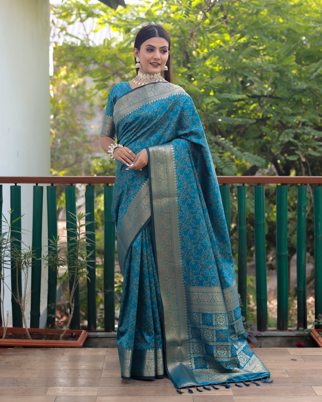 Elegant blue Patola Silk Saree with Zari & Kanchi borders, designed for special USA occasions.