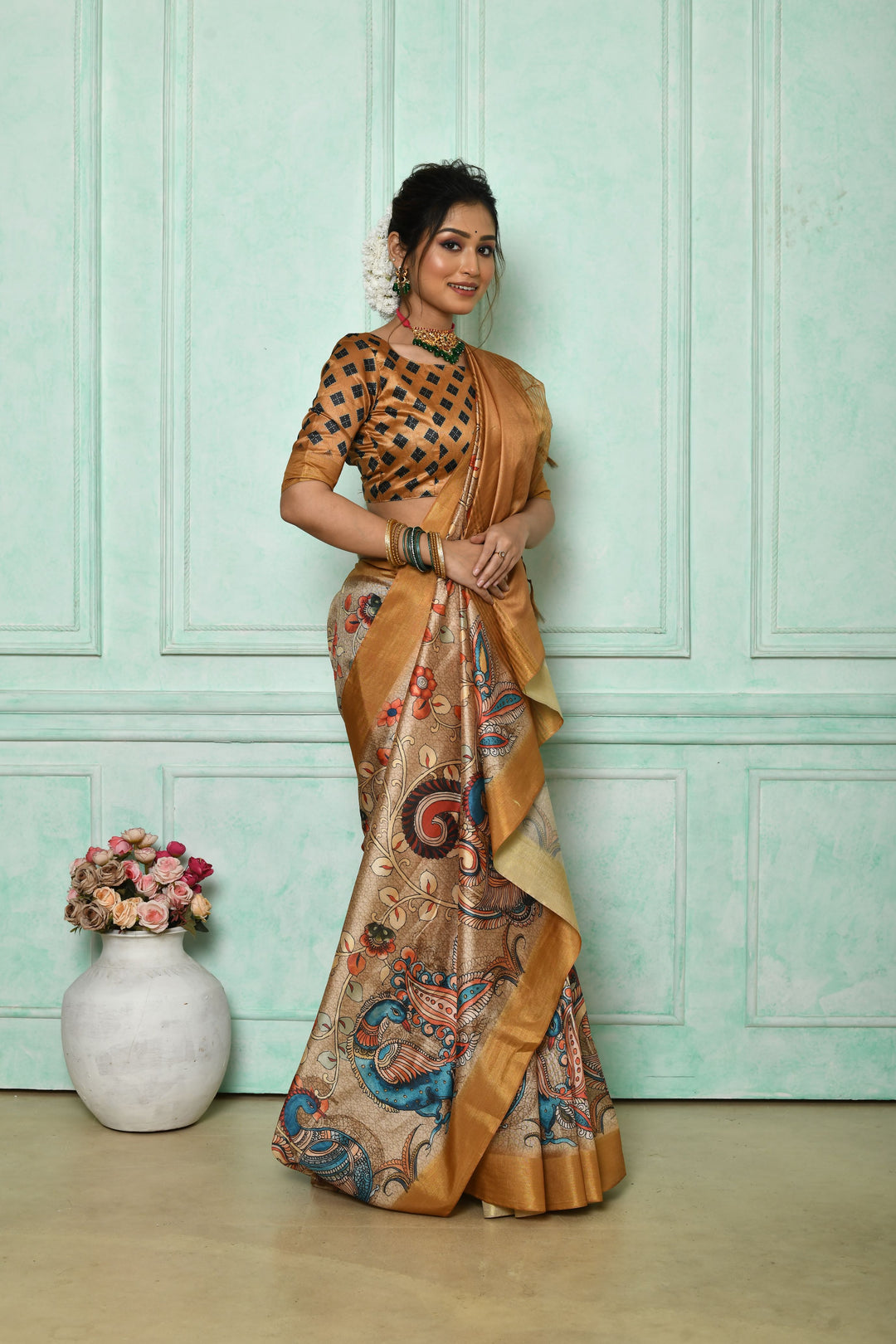 Ghicha Tussar saree with Kalamkari print and soft zari pallu for special celebrations