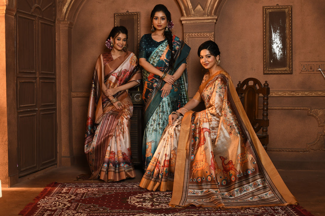 Brown Kalamkari Tussar Silk Saree with a contrast blouse, ideal for formal gatherings and events in the USA.